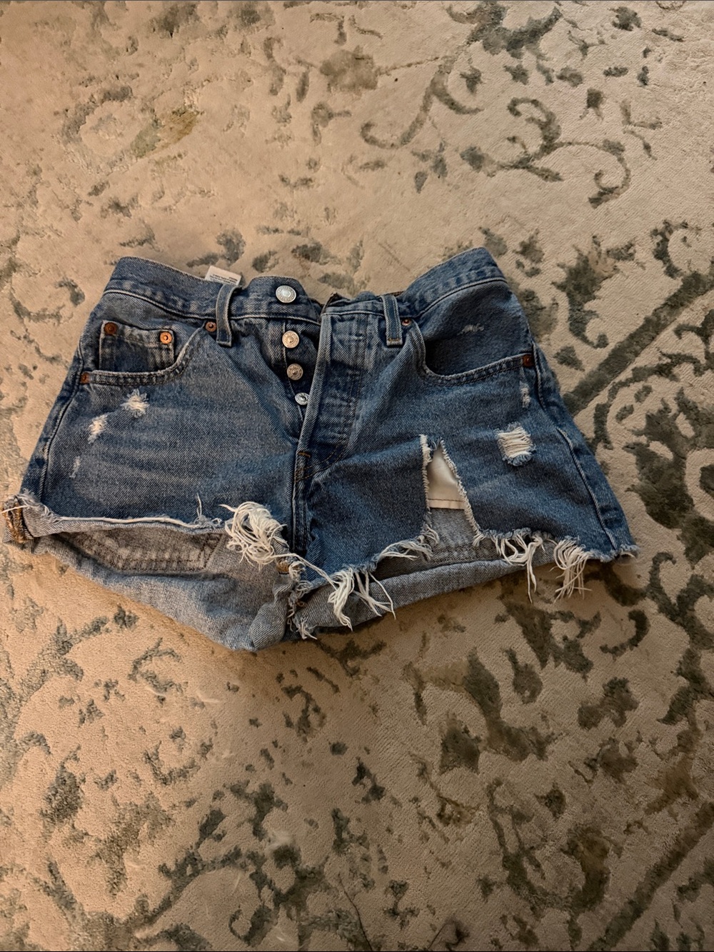 Levi's Distressed Dark Blue Button-Fly Denim Shorts